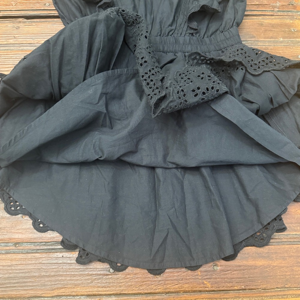 Gap Black Organic Cotton Eyelet Tiered Mini Dress Flutter Sleeve V-Neck Small - Picture 3 of 8